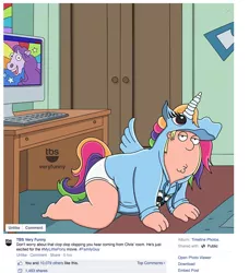 Size: 778x853 | Tagged: source needed, useless source url, suggestive, derpibooru import, alicorn, human, pony, barefoot, barely pony related, chris griffin, clothes, downvote bait, drama, facebook, family guy, feet, fur suit, fursuit, male, shitposting, solo, tbs, underwear, wat