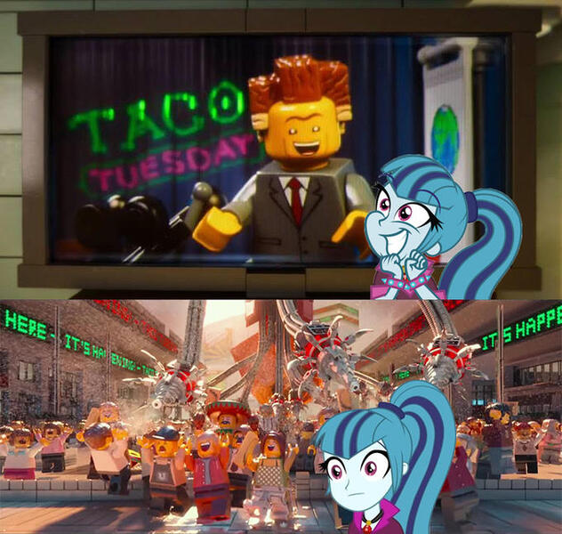 Size: 680x646 | Tagged: safe, derpibooru import, sonata dusk, equestria girls, rainbow rocks, glue, lego, lord business, only the dead can know peace from this evil, president business, sonataco, starenata, taco, taco tuesday, the lego movie, thousand yard stare