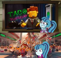 Size: 680x646 | Tagged: safe, derpibooru import, sonata dusk, equestria girls, rainbow rocks, glue, lego, lord business, only the dead can know peace from this evil, president business, sonataco, starenata, taco, taco tuesday, the lego movie, thousand yard stare