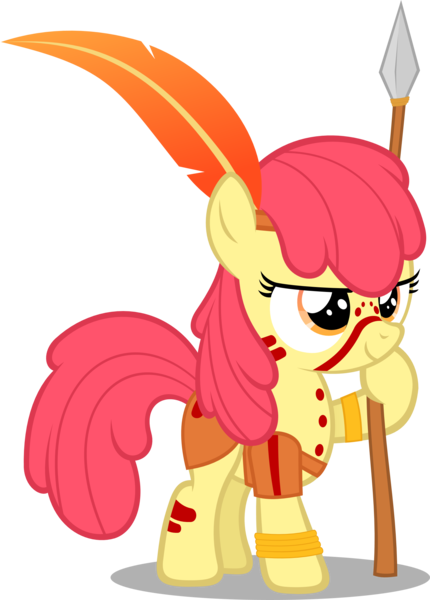 Size: 1595x2224 | Tagged: safe, artist:zacatron94, derpibooru import, apple bloom, earth pony, pony, barbarian, clothes, costume, face paint, halloween, halloween costume, hilarious in hindsight, holiday, nightmare night, nightmare night costume, predicted the show, simple background, solo, spear, transparent background, tribal, vector, warrior