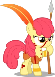 Size: 1595x2224 | Tagged: safe, artist:zacatron94, derpibooru import, apple bloom, earth pony, pony, barbarian, clothes, costume, face paint, halloween, halloween costume, hilarious in hindsight, holiday, nightmare night, nightmare night costume, predicted the show, simple background, solo, spear, transparent background, tribal, vector, warrior