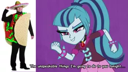 Size: 889x500 | Tagged: suggestive, derpibooru import, edit, edited screencap, screencap, sonata dusk, equestria girls, rainbow rocks, caption, clothes, costume, image macro, meme, sonataco, taco, taco suit