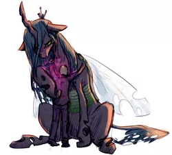 Size: 2299x2077 | Tagged: anonymous, artist:nobody, changeling, clothes, derpibooru import, female, hug, human, human male, male, my big pony, oc, oc:anon, queen chrysalis, safe, size difference