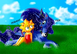 Size: 3786x2643 | Tagged: artist:max, constellation, crossover, cute, derpibooru import, grass, lisa simpson, princess luna, safe, the simpsons, trade