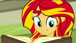 Size: 1920x1080 | Tagged: safe, derpibooru import, screencap, sunset shimmer, equestria girls, rainbow rocks, book, discovery family logo, journey book, smiling, solo, when she smiles