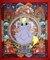 Size: 485x578 | Tagged: safe, derpibooru import, derpy hooves, pegasus, pony, bodhisattva, box, buddha, buddhism, female, mare, meditation, religion, shrine, sitting