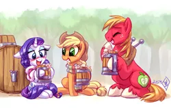 Size: 1900x1200 | Tagged: safe, artist:whitediamonds, derpibooru import, applejack, big macintosh, rarity, blushing, cider, clothes, drunk, drunk aj, drunk rarity, eyes closed, female, floppy ears, grin, hard cider, lesbian, male, rarijack, rarijack daily, scarf, shipping, sitting, smiling, tipsy, tumblr