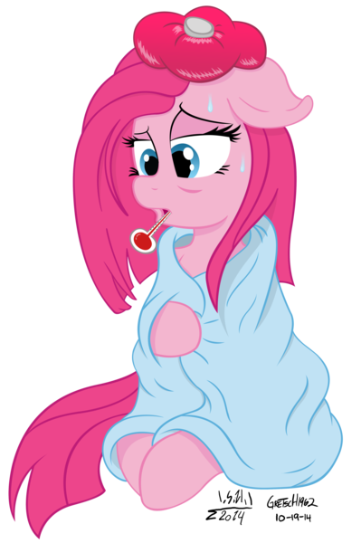 Size: 3084x4632 | Tagged: artist:cyanyeh, artist:gretsch1962, blanket, cute, cuteamena, derpibooru import, diapinkes, pinkamena diane pie, pinkie pie, safe, sick, simple background, sitting, solo, thermometer, transparent background