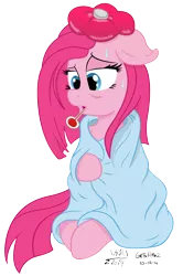 Size: 3084x4632 | Tagged: artist:cyanyeh, artist:gretsch1962, blanket, cute, cuteamena, derpibooru import, diapinkes, pinkamena diane pie, pinkie pie, safe, sick, simple background, sitting, solo, thermometer, transparent background