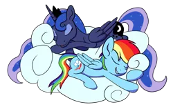 Size: 1024x635 | Tagged: safe, artist:tranquilmind, derpibooru import, princess luna, rainbow dash, alicorn, pegasus, pony, cloud, cutie mark, duo, eyes closed, female, grin, hooves, horn, lying on a cloud, mare, nap, on a cloud, open mouth, prone, simple background, sleeping, smiling, transparent background, wings