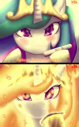 Size: 1600x2542 | Tagged: safe, artist:pshyzomancer, derpibooru import, princess celestia, pony, blushing, female, frown, glare, glowing eyes, looking at you, mane of fire, mare, melting, pregnancy test, pregnancy test meme, prime celestia, solo, this will end in incineration, this will end in tears