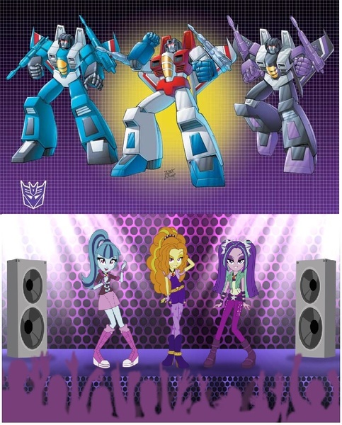 Size: 726x902 | Tagged: safe, derpibooru import, adagio dazzle, aria blaze, sonata dusk, equestria girls, rainbow rocks, comparison, seekers, skywarp, starscream, the dazzlings, thundercracker, transformers