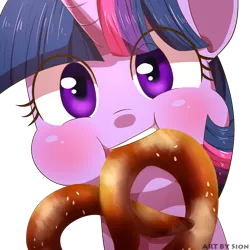 Size: 1500x1500 | Tagged: safe, artist:sion, derpibooru import, twilight sparkle, pony, unicorn, blushing, commission, cute, eating, female, food, looking at you, mare, mouth hold, nom, pretzel, pretzel coordination, puffy cheeks, solo, twiabetes, twipretzel