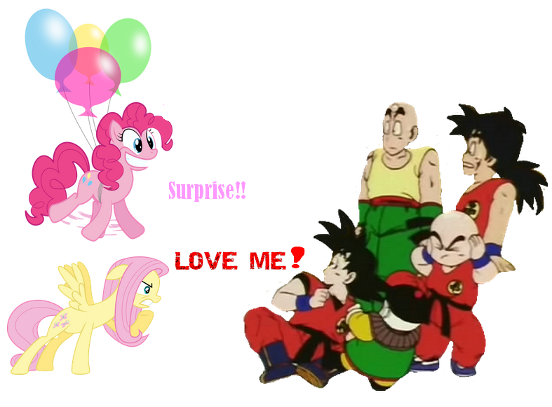 Size: 787x581 | Tagged: andrea libman, chiaotzu, dragon ball, fluttershy, goku, kakarotpie, krillin, pinkie pie, safe, tien shinhan, voice actor joke, yamcha