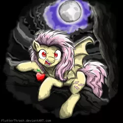 Size: 1000x1000 | Tagged: safe, artist:flutterthrash, derpibooru import, fluttershy, ponified, bat pony, pegasus, pony, album cover, apple, bark at the moon, flutterbat, heavy metal, moon, ozzy osbourne