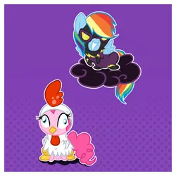 Size: 2100x2100 | Tagged: animal costume, artist:xwhitedreamsx, chicken pie, chicken suit, clothes, cloud, costume, derp, derpibooru import, luna eclipsed, nightmare night, on a cloud, pinkie pie, rainbow dash, safe, shadowbolt dash, shadowbolts costume, simple background