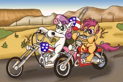 Size: 1800x1200 | Tagged: artist:spot152, derpibooru import, easy rider, motorcycle, safe, scootaloo, sweetie belle