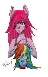 Size: 1318x2123 | Tagged: anthro, artist:sannykat, blood, crying, dead, decapitated, derpibooru import, hair over one eye, implied murder, pinkamena diane pie, pinkie pie, rainbow dash, semi-grimdark, severed head, simple background, smiling, white background