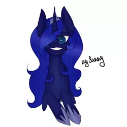 Size: 2500x2500 | Tagged: safe, artist:sannykat, derpibooru import, princess luna, pony, female, hair over one eye, jewelry, looking at you, mare, regalia, simple background, smiling, solo, white background