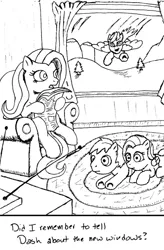 Size: 437x667 | Tagged: safe, artist:jberg18, derpibooru import, fluttershy, rainbow dash, dialogue, female, flutterdash, lesbian, magical lesbian spawn, monochrome, newspaper, offspring, parent:fluttershy, parent:rainbow dash, parents:flutterdash, rug, shipping, television, the far side, this will end in tears, window