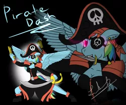 Size: 1024x853 | Tagged: anthro, artist:comeththehour, bicorne, cleavage, cutlass, derpibooru import, eyepatch, female, gun, hat, knife, piercing, pirate, rainbow dash, safe, solo, spread wings, sword, weapon