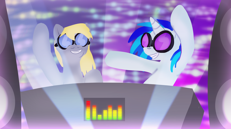 Size: 1920x1080 | Tagged: safe, artist:zedrin, derpibooru import, derpy hooves, vinyl scratch, pegasus, pony, female, mare