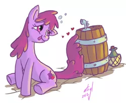 Size: 796x650 | Tagged: safe, artist:atryl, derpibooru import, berry punch, berryshine, earth pony, pony, barrel, drunk, floating heart, heart, keg, mare, solo, that pony sure does love alcohol, wine bottle