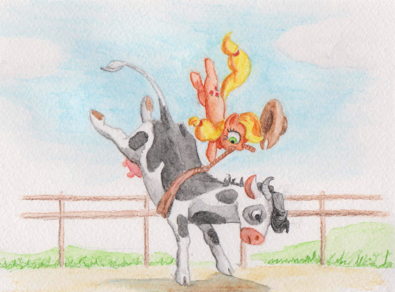 Size: 1024x758 | Tagged: safe, artist:cannibalus, derpibooru import, applejack, cow, earth pony, pony, cloven hooves, cowboy hat, female, hat, mare, mouth hold, rodeo, rope, solo, traditional art, udder, watercolor painting