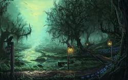 Size: 1400x875 | Tagged: artist:huussii, bird, bridge, derpibooru import, everfree forest, flower, forest, lamppost, mist, no pony, outdoors, path, pathway, poison joke, river, road, safe, scenery, scenery porn, shattered kingdom, spooky, stream, tree