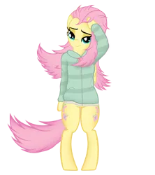 Size: 1046x1179 | Tagged: suggestive, artist:flare-chaser, derpibooru import, fluttershy, pony, bedroom eyes, bipedal, clothes, hoodie, messy mane, simple background, standing, stripes, transparent background, vector, wind, windy