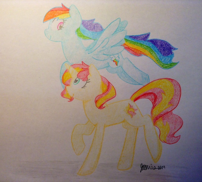 Size: 2046x1844 | Tagged: safe, artist:keldeodurp, derpibooru import, rainbow dash, sunset shimmer, pony, female, flying, happy, lesbian, shipping, sunsetdash, traditional art