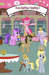 Size: 728x1097 | Tagged: safe, artist:aquashy, derpibooru import, amethyst star, chirpy hooves, derpy hooves, dinky hooves, doctor whooves, pinkie pie, time turner, pegasus, pony, collage, female, hooves family, mare, muffin, sugarcube corner, tuesday