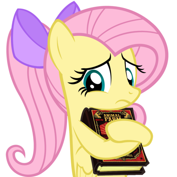 Size: 1025x1024 | Tagged: safe, artist:muddyfudger, artist:zacatron94, derpibooru import, edit, fluttershy, pegasus, pony, adorkable, alternate hairstyle, animal farm, book, bow, cute, dork, egghead, female, frown, hair bow, hug, mare, meme, nerd pony, parody, ponytail, sad, shyabetes, simple background, solo, this will end in tears, transparent background, vector