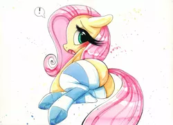 Size: 1073x775 | Tagged: suggestive, artist:prettypinkpony, derpibooru import, fluttershy, blushing, clothes, female, from behind, impossibly long eyelashes, open mouth, plot, socks, solo, solo female, striped socks, traditional art, watercolor painting