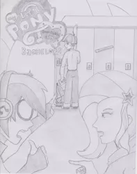 Size: 2550x3234 | Tagged: safe, artist:ponysubmarine, derpibooru import, trixie, vinyl scratch, wiz kid, equestria girls, argument, bachelor, background human, fan comic, monochrome, pencil drawing, traditional art