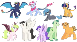 Size: 4584x2534 | Tagged: safe, artist:idze, artist:kianamai, derpibooru import, oc, oc:anthea, oc:cotton candy, oc:crystal clarity, oc:golden delicious, oc:prince illusion, oc:princess nidra, oc:prism bolt, oc:starburst, oc:turquoise blitz, unofficial characters only, alicorn, bat pony, dracony, earth pony, hybrid, pegasus, pony, unicorn, kilalaverse, adopted offspring, alicorn oc, blind, female, freckles, frown, interspecies offspring, mare, next generation, offspring, open mouth, parent:applejack, parent:caramel, parent:discord, parent:flash sentry, parent:fluttershy, parent:oc:azalea, parent:oc:berry vine, parent:oc:supernova, parent:pinkie pie, parent:pokey pierce, parent:princess celestia, parent:princess luna, parent:rainbow dash, parent:rarity, parent:soarin', parent:spike, parent:twilight sparkle, parents:canon x oc, parents:carajack, parents:dislestia, parents:flashlight, parents:oc x oc, parents:pokeypie, parents:soarindash, parents:sparity, pouting, race swap, raised hoof, siblings, simple background, smiling, spread wings, unshorn fetlocks, white background