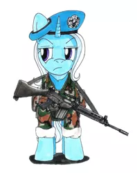 Size: 900x1135 | Tagged: safe, artist:buckweiser, derpibooru import, trixie, pony, unicorn, beret, camouflage, clothes, female, fn fal, gun, mare, peacekeeper, solo, uniform, united nations