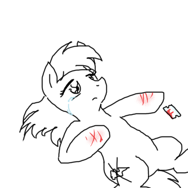 Size: 1000x1000 | Tagged: artist:stockingstreams, blood, crying, cut, grimdark, lying down, monochrome, on back, rainbow dash, razor, sad, self harm, solo