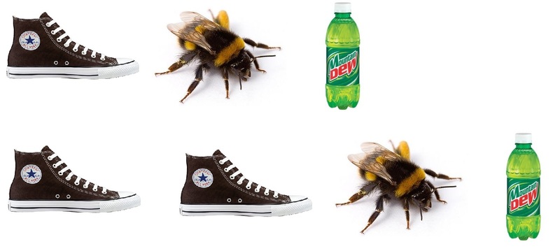 Size: 1404x630 | Tagged: barely pony related, bee, clothes, converse, derpibooru import, g1, mountain dew, pun, rebus, safe, sea pony, shoes, shoo be doo, visual pun