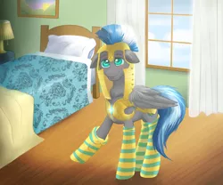 Size: 3000x2500 | Tagged: safe, artist:confetticakez, derpibooru import, oc, oc:cloud zapper, unofficial characters only, clothes, royal guard, socks, solo, striped socks