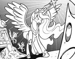 Size: 1016x800 | Tagged: safe, artist:yewdee, derpibooru import, princess celestia, queen chrysalis, changeling, confrontation, magic, monochrome, open mouth, raised hoof, spread wings, traditional art