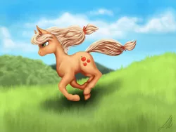 Size: 1600x1200 | Tagged: applejack, artist:ablm, derpibooru import, galloping, hatless, missing accessory, running, safe, solo