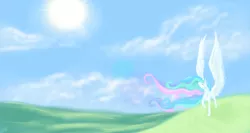 Size: 1280x683 | Tagged: artist:ablm, derpibooru import, eyes closed, large wings, princess celestia, safe, solo, spread wings