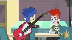 Size: 576x324 | Tagged: safe, derpibooru import, screencap, crimson napalm, flash sentry, sonata dusk, equestria girls, rainbow rocks, animated, background human, battle of the bands, discovery family, discovery family logo, female, guitar, male, patricia water melody, senata, shipping, straight, subtitles