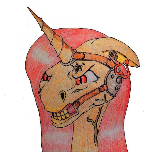 Size: 686x684 | Tagged: semi-grimdark, artist:konstantin-kholchev, derpibooru import, alicorn, pony, fallout equestria, angry, bolt, earring, horn ring, mutant, nail, piercing, poorly scanned, red eyes, slit eyes, strap, traditional art