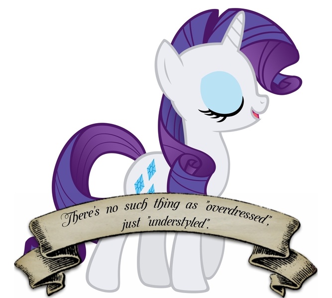 Size: 1600x1440 | Tagged: derpibooru import, fashion, old banner, overdressed, parody, quote, rarity, ribbon, safe, solo, style