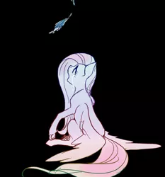 Size: 708x760 | Tagged: safe, artist:pasikon, derpibooru import, fluttershy, pegasus, pony, black background, feather, female, gradient, pixiv, simple background, solo, wings, wings down