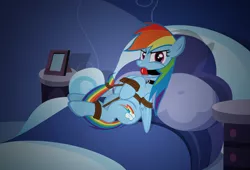 Size: 1024x696 | Tagged: angry, artist:radiantrealm, ballgag, bed, bondage, bound wings, dashsub, derpibooru import, dresser, femsub, gag, portrait, rainbow dash, rope, shadows, show accurate, show accurate porn, submissive, suggestive, tied up