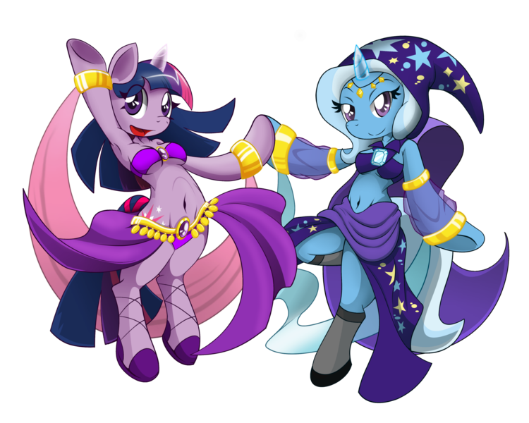 Size: 2000x1600 | Tagged: safe, artist:basilloon, derpibooru import, linky, shoeshine, trixie, twilight sparkle, twilight sparkle (alicorn), alicorn, anthro, semi-anthro, unguligrade anthro, unicorn, arabian, arm hooves, armpits, belly button, belly dancer, bocas top, bollywood, bracelet, breasts, cape, clothes, dancing, female, hat, india, indian, jewelry, lesbian, looking at you, midriff, shipping, simple background, socks, stockings, thigh highs, transparent background, trixie's cape, trixie's hat, twixie