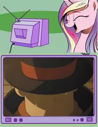 Size: 565x732 | Tagged: cadance laughs at your misery, derpibooru import, exploitable meme, hershel layton, meme, obligatory pony, princess cadance, professor layton, professor layton and the lost future, professor layton and the unwound future, safe, spoilers for another series